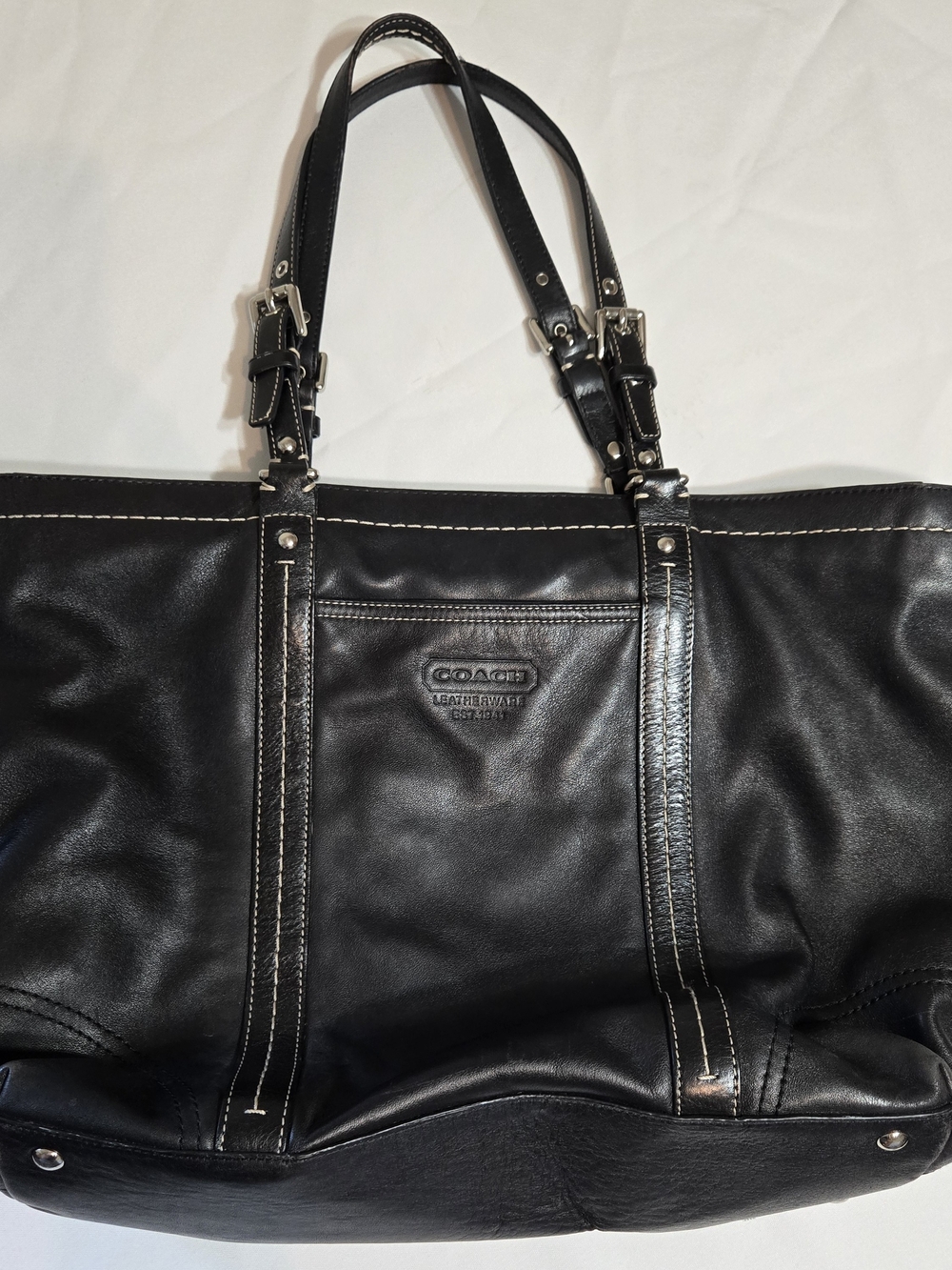 COACH Black Leather Tote with Contrast Stitching